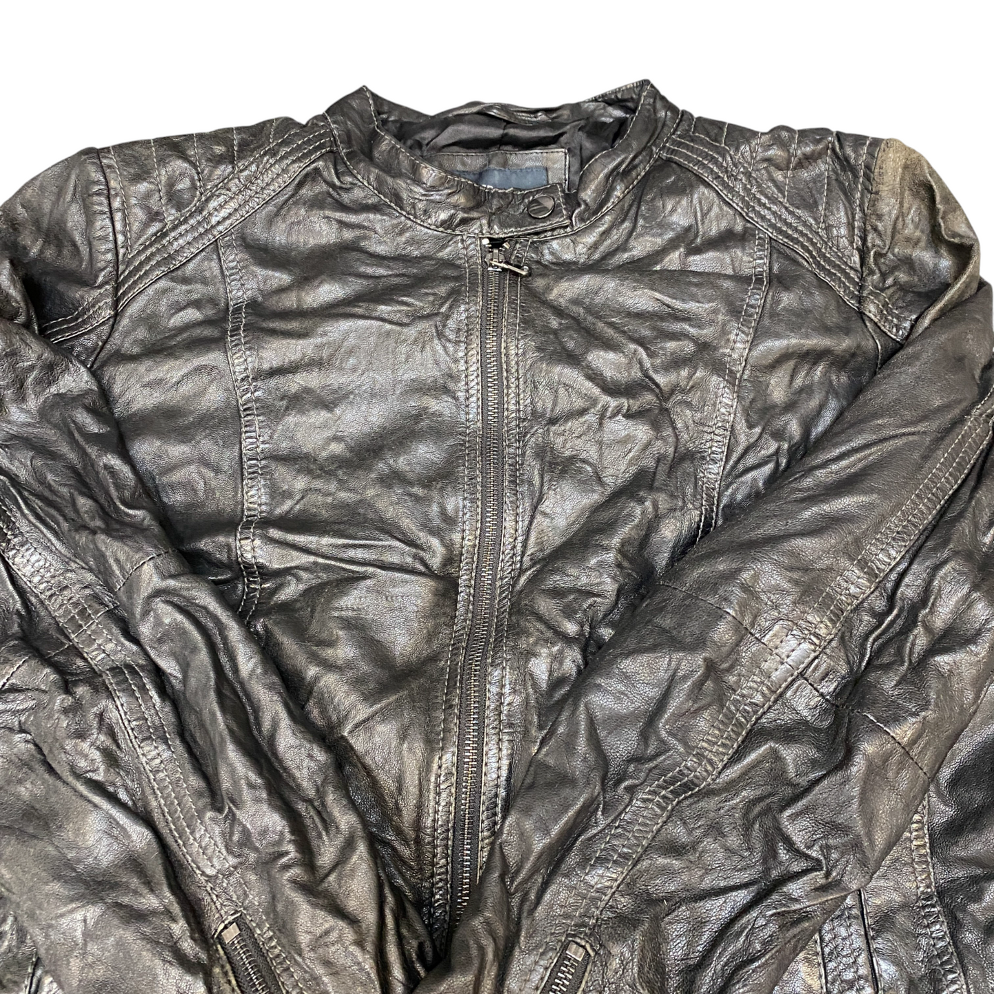 Manguun Collection Genuine Leather Biker Jacket Mens L Black Long Sleeve Zip-Up