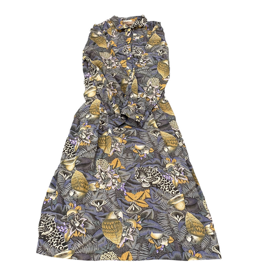 Plaire A-Line Dress Womens S Multi Floral Belted Long Sleeve Collar Button Front