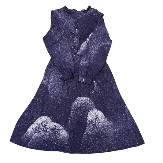 Womens A Line Dress S Blue Abstract Long Sleeve Round Neck Button Front Outdoor