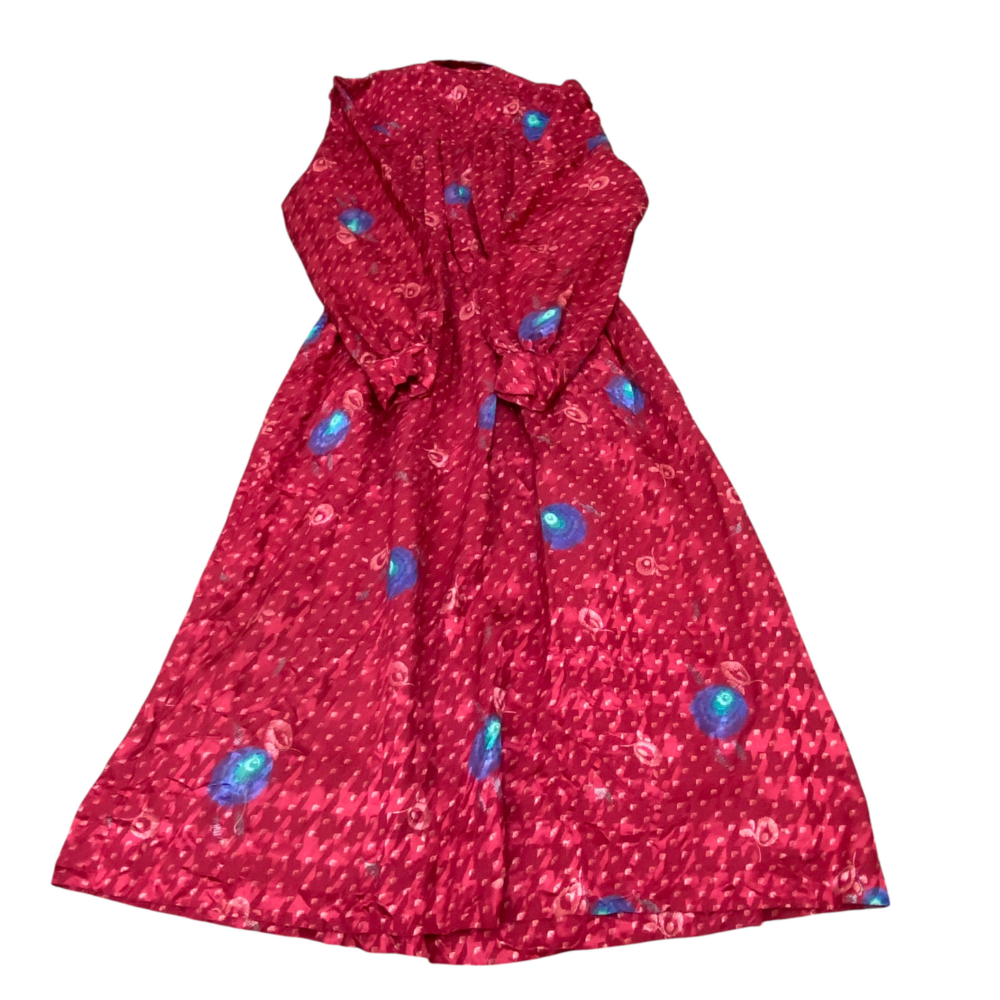 A-Line Dress Womens M Red Blue Geometric Pletaed Long Sleeve Tie Button Front