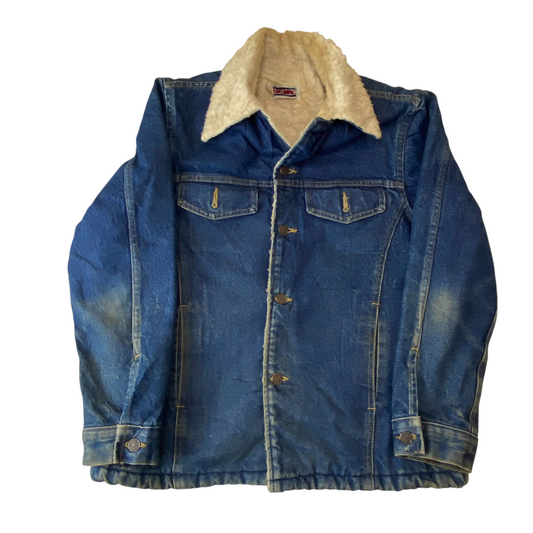Big Mac Trucker Jacket Mens Medium Blue Denim Sherpa Lined Collared Button Front