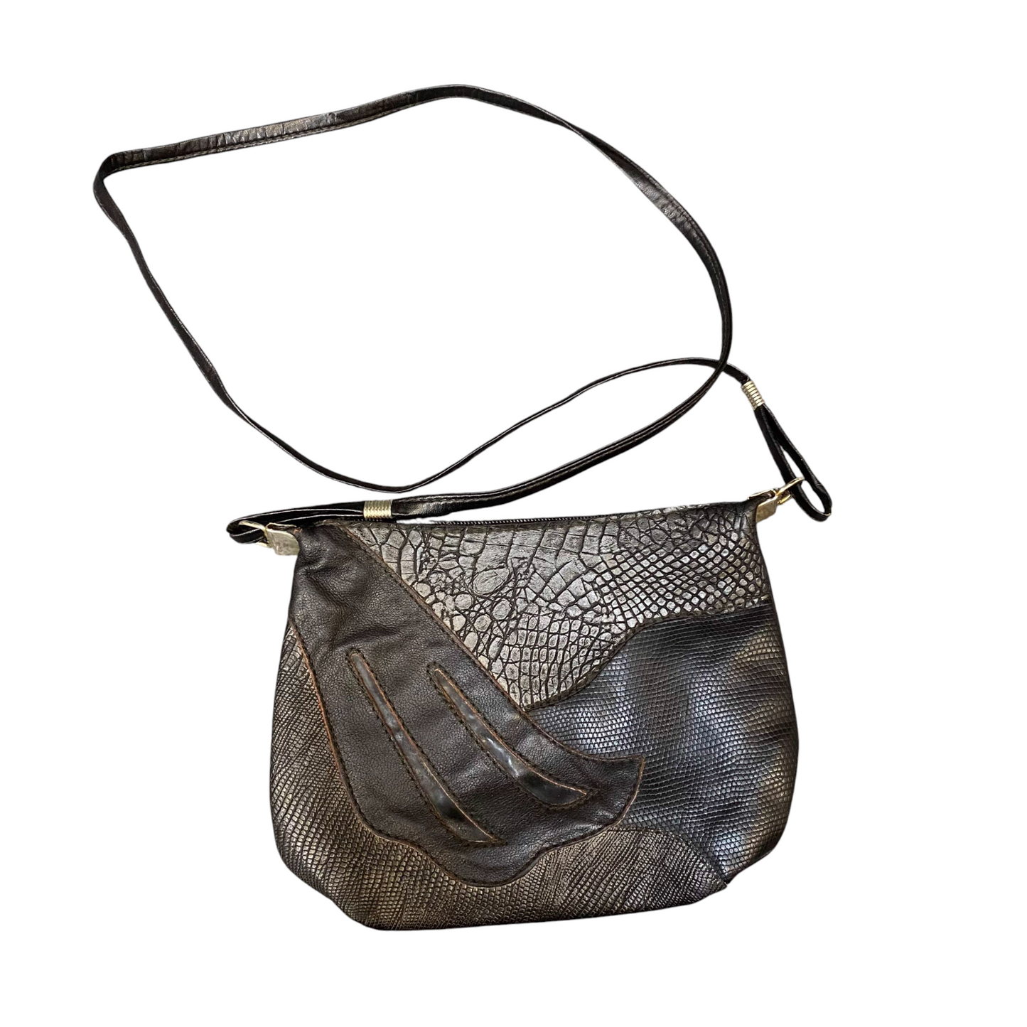 Womens Crossbody Bag Black Croc Patchwork Leather Classic Travel Zip Closure