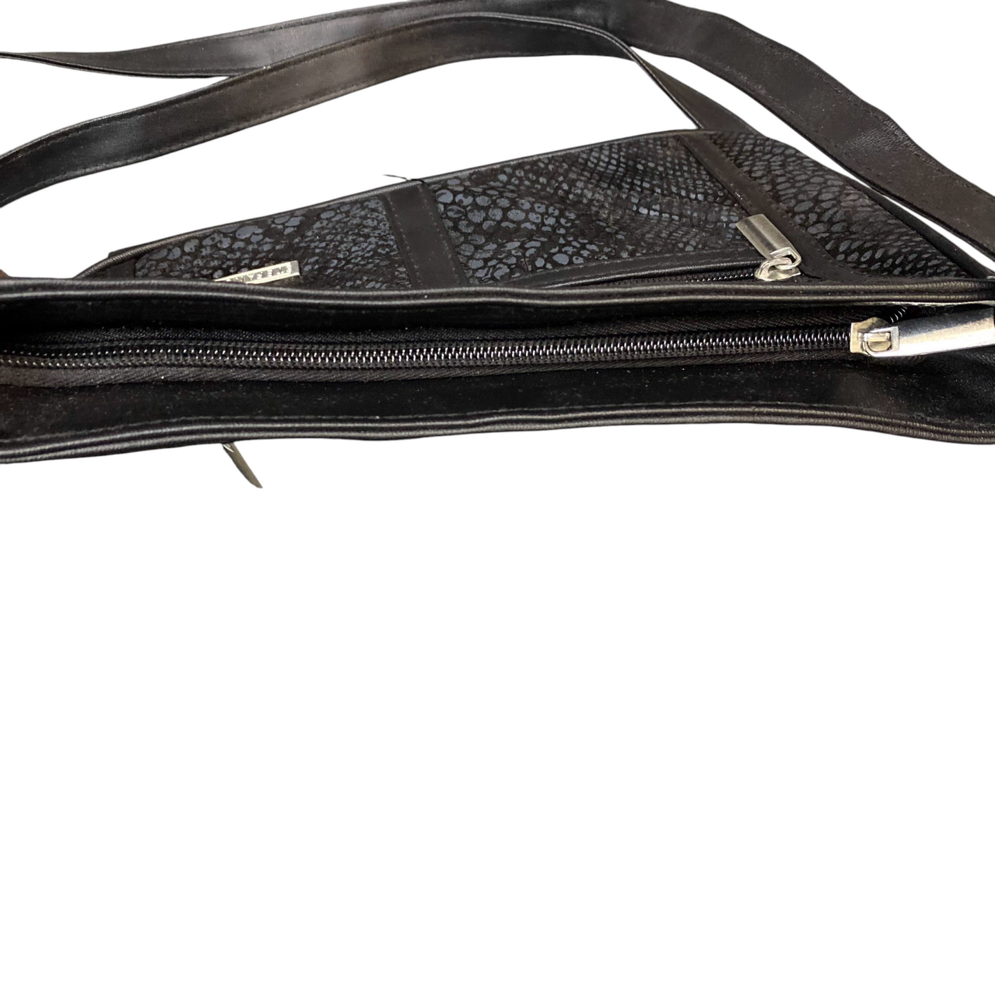 Stefano Shoulder Bag Womens Black Embossed Leather Zip Pockets Adjustable Strap