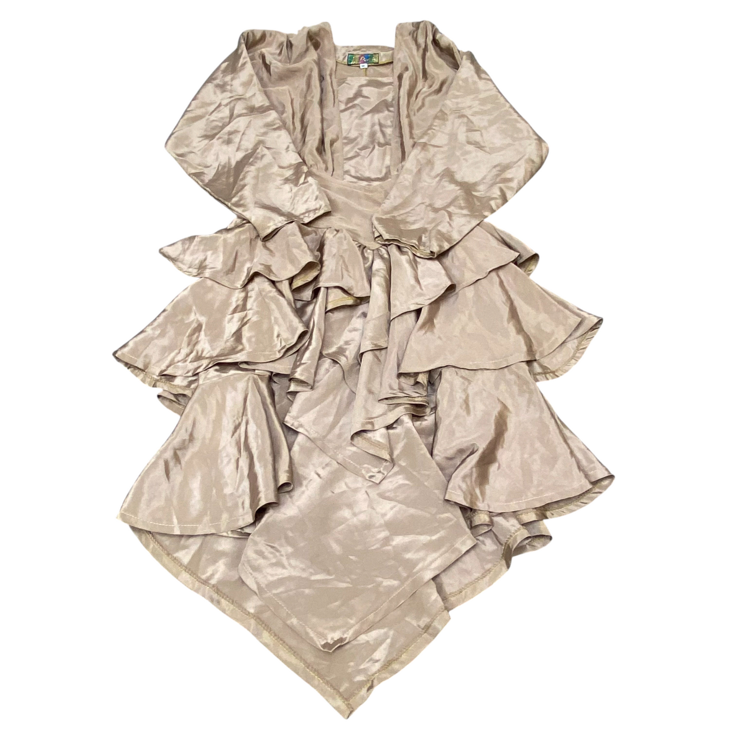 Paris Cocktail Dress Womens M Brown Satin Long Sleeve Layered Asymmetrical Hem