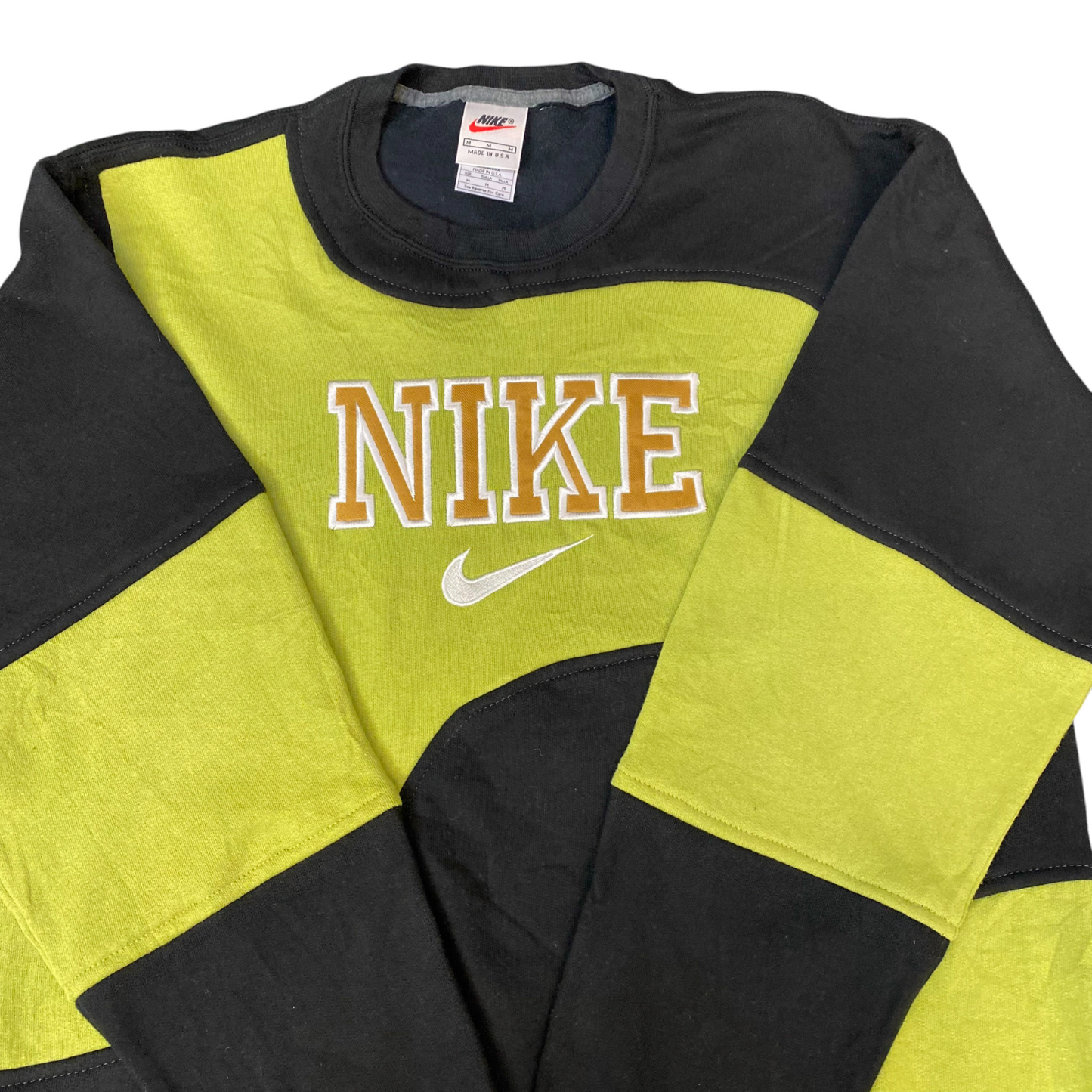Nike Reworked Sweatshirt Mens M Yellow Black Embroidered Spellout Logo Vtg Y2K