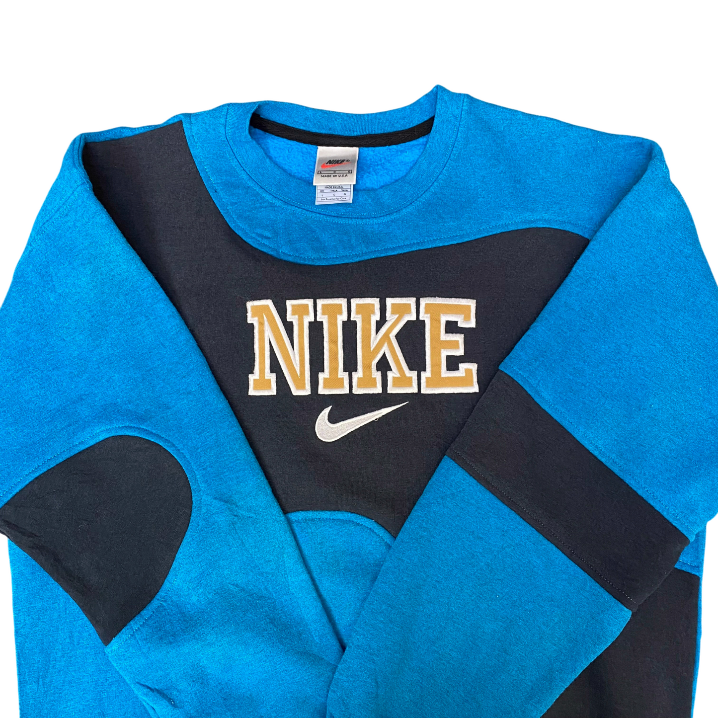 Nike Reworked Sweatshirt Mens Large Blue Black Embroidered Spell Out Logo Y2K