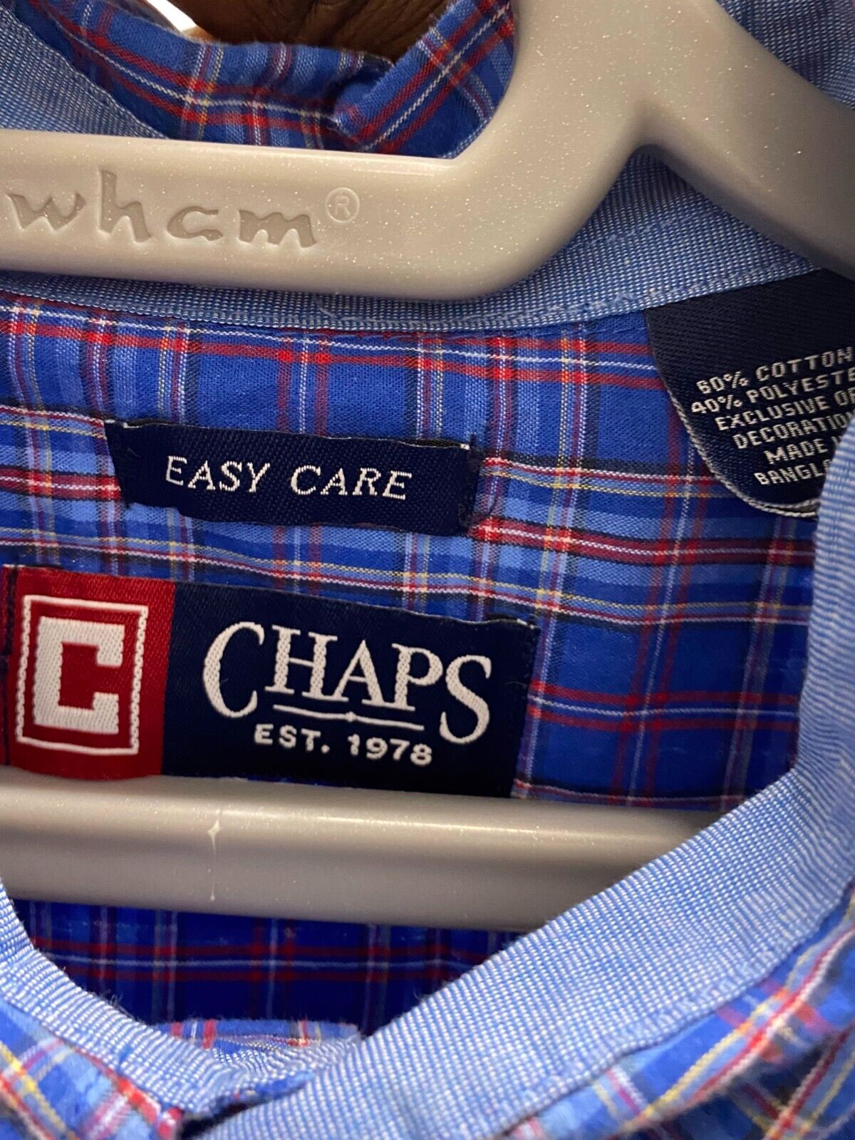Chaps Shirt Mens Large Blue Plaid Cotton Easy Care Collared Casual Button Down