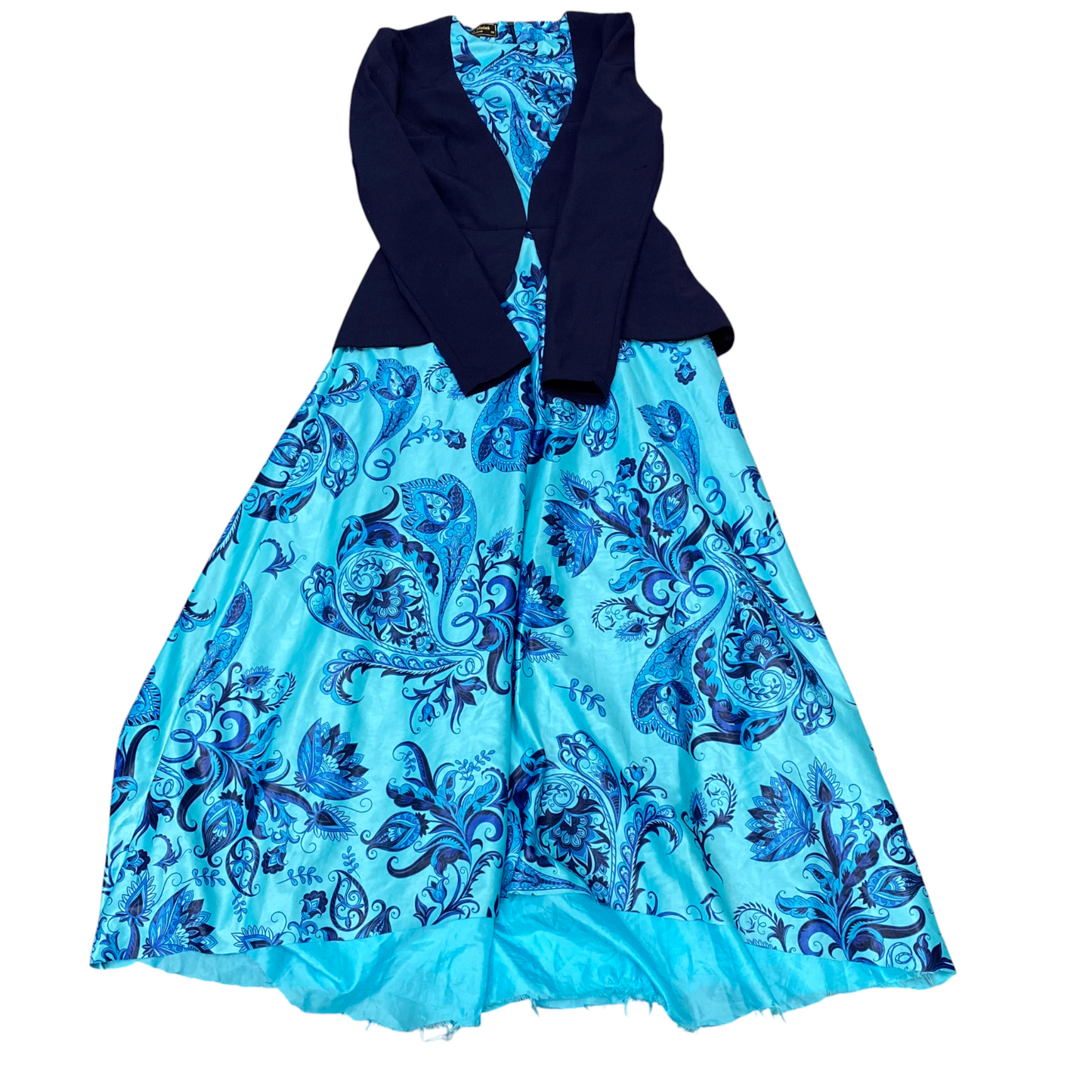 Ayse Melek Maxi Dress Womens S Blue Paisley Floral Flared Round Neck Back Zip