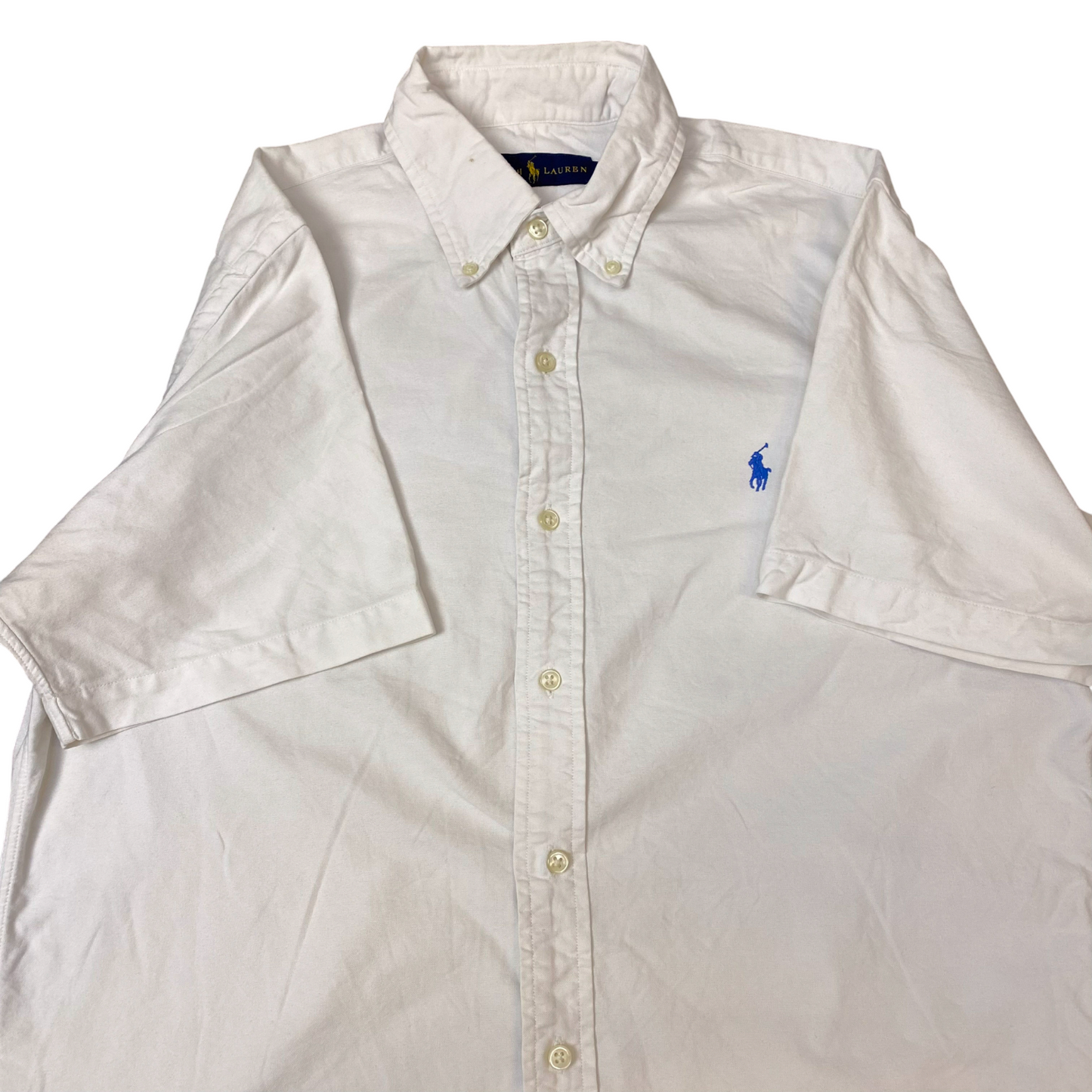 Ralph Lauren Shirt Mens M White Short Sleeve Blue Pony Logo Collar Button Down