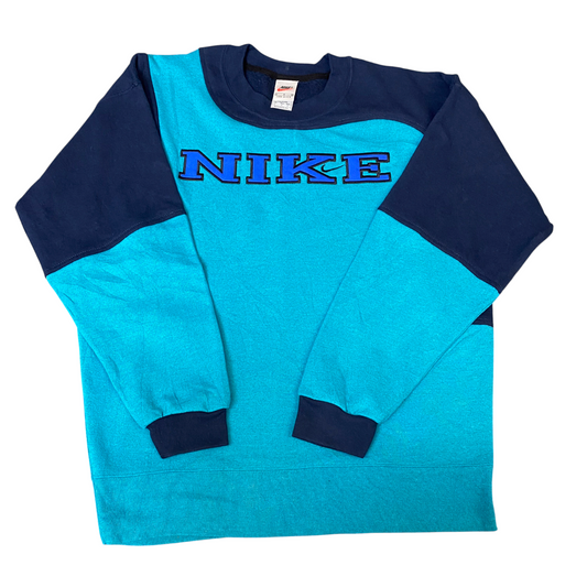 Nike Reworked Sweatshirt Mens L Navy Aqua Embroidered Spellout Logo Vintage Y2K