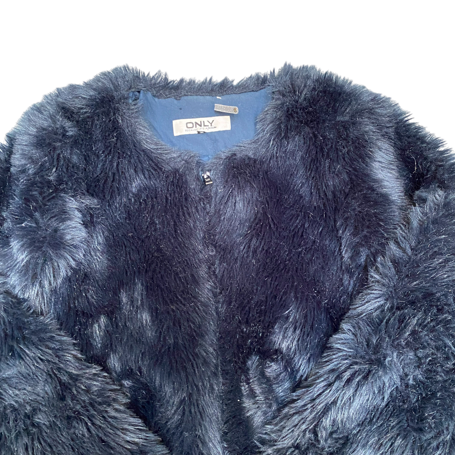 Only Shaggy Faux Fur Jacket Womens Medium Navy Lined Raglan Sleeve Full Zipper