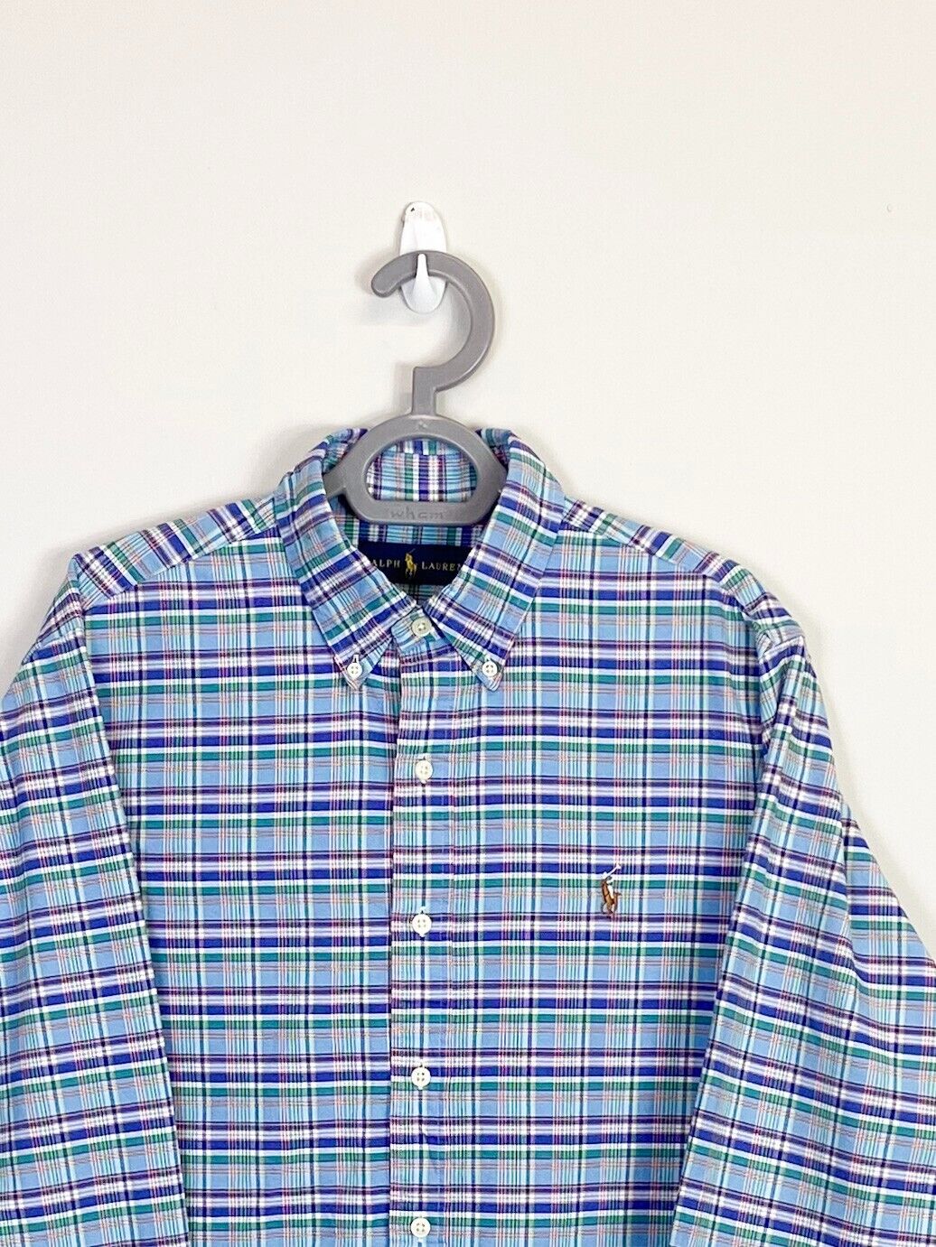 Ralph Lauren Shirt Mens Medium Blue Plaid Long Sleeve Small Brown Polo Pony Logo