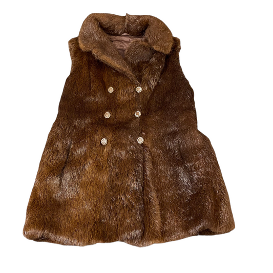 Womens Faux Fur Vest Medium Brown Sleeveless Collared Double Breasted Six Button