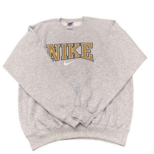 Nike Reworked Sweatshirt Mens Medium Grey Embroidered Spellout Logo Crew Neck