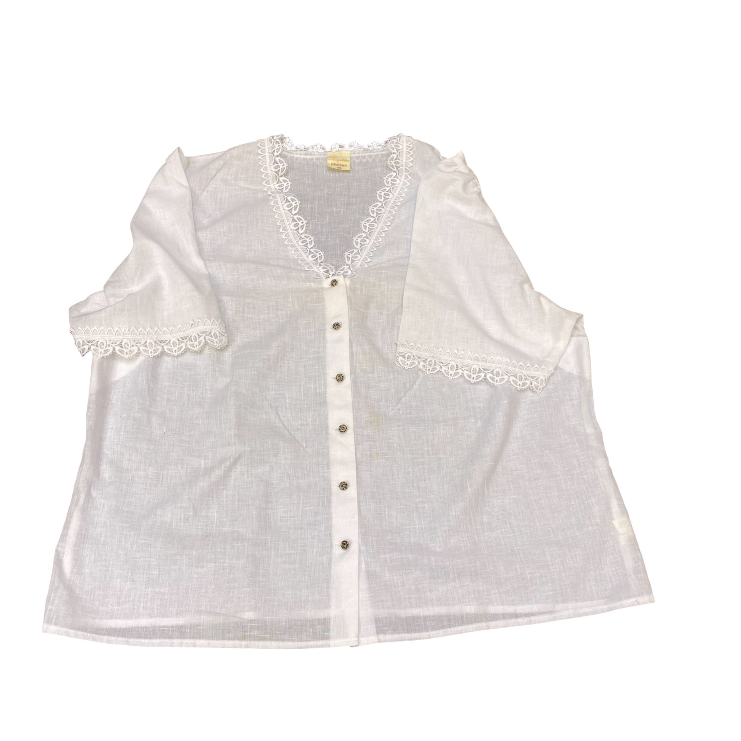 Angelika Moden Blouse Top Womens L White Lace Trim Short Sleeve Button Front