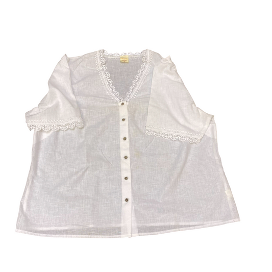 Angelika Moden Blouse Top Womens L White Lace Trim Short Sleeve Button Front