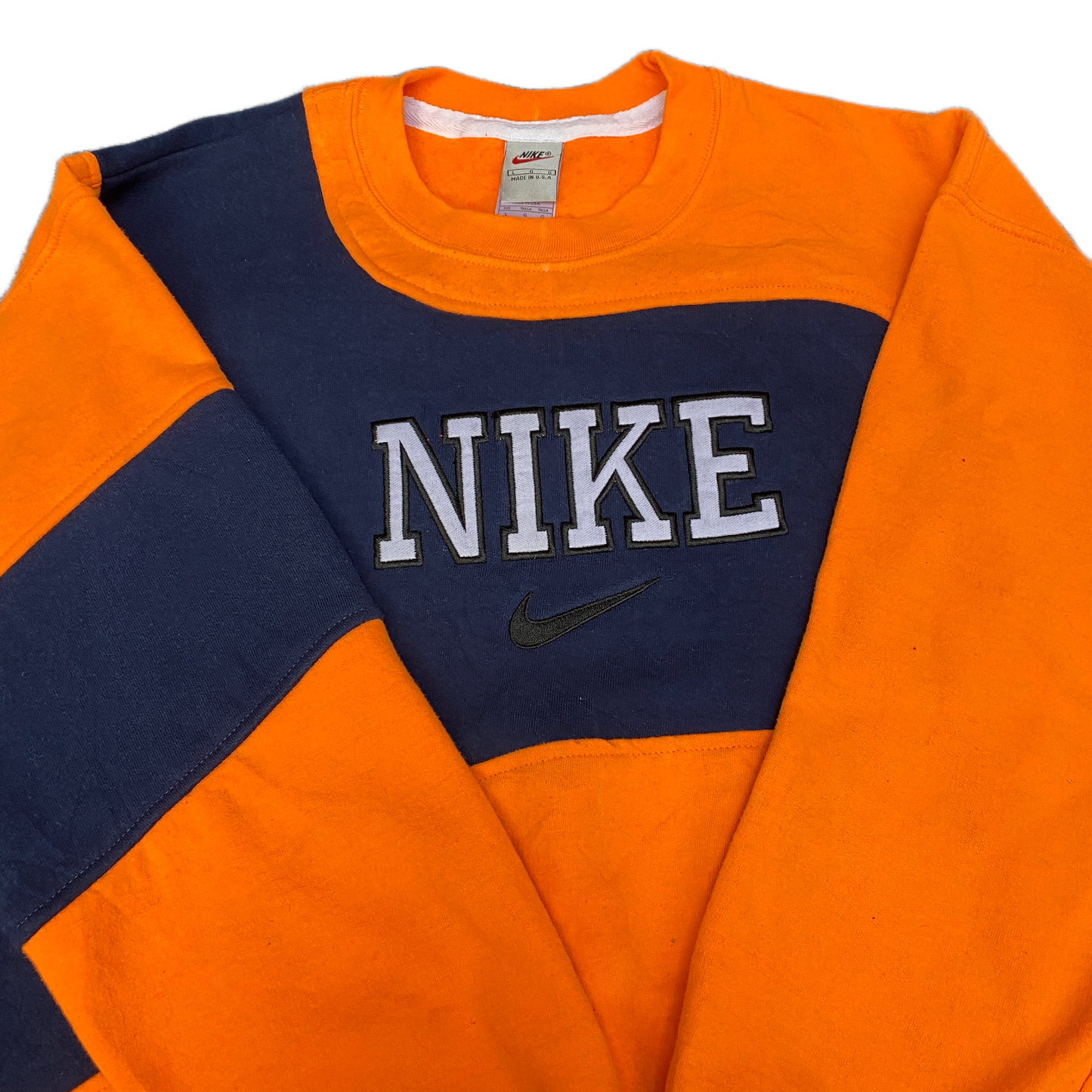 Nike Reworked Sweatshirt Men L Orange Blue Embroidered Spellout Logo Vintage Y2K