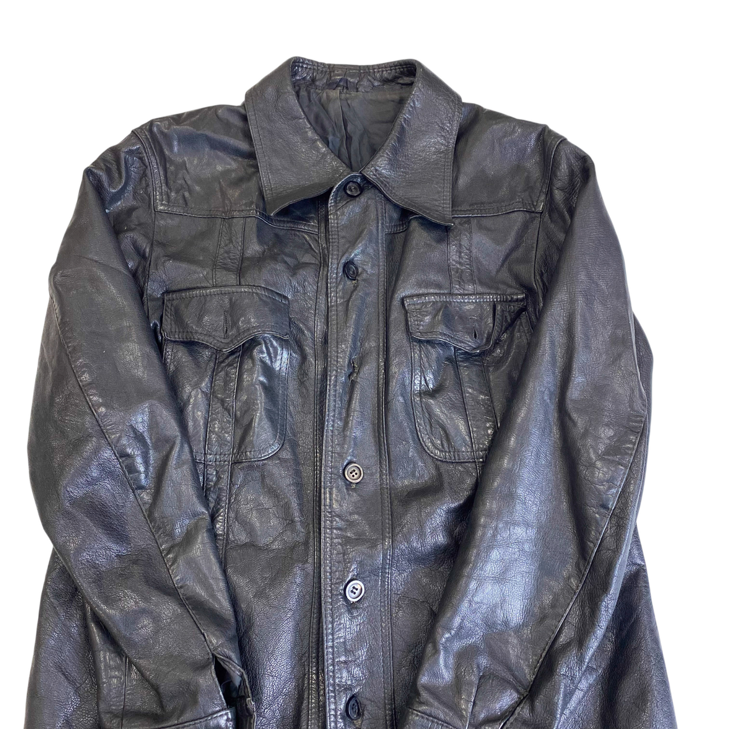 Jacket Mens S Black Genuine Leather Pockets Long Sleeve Collared Button Front