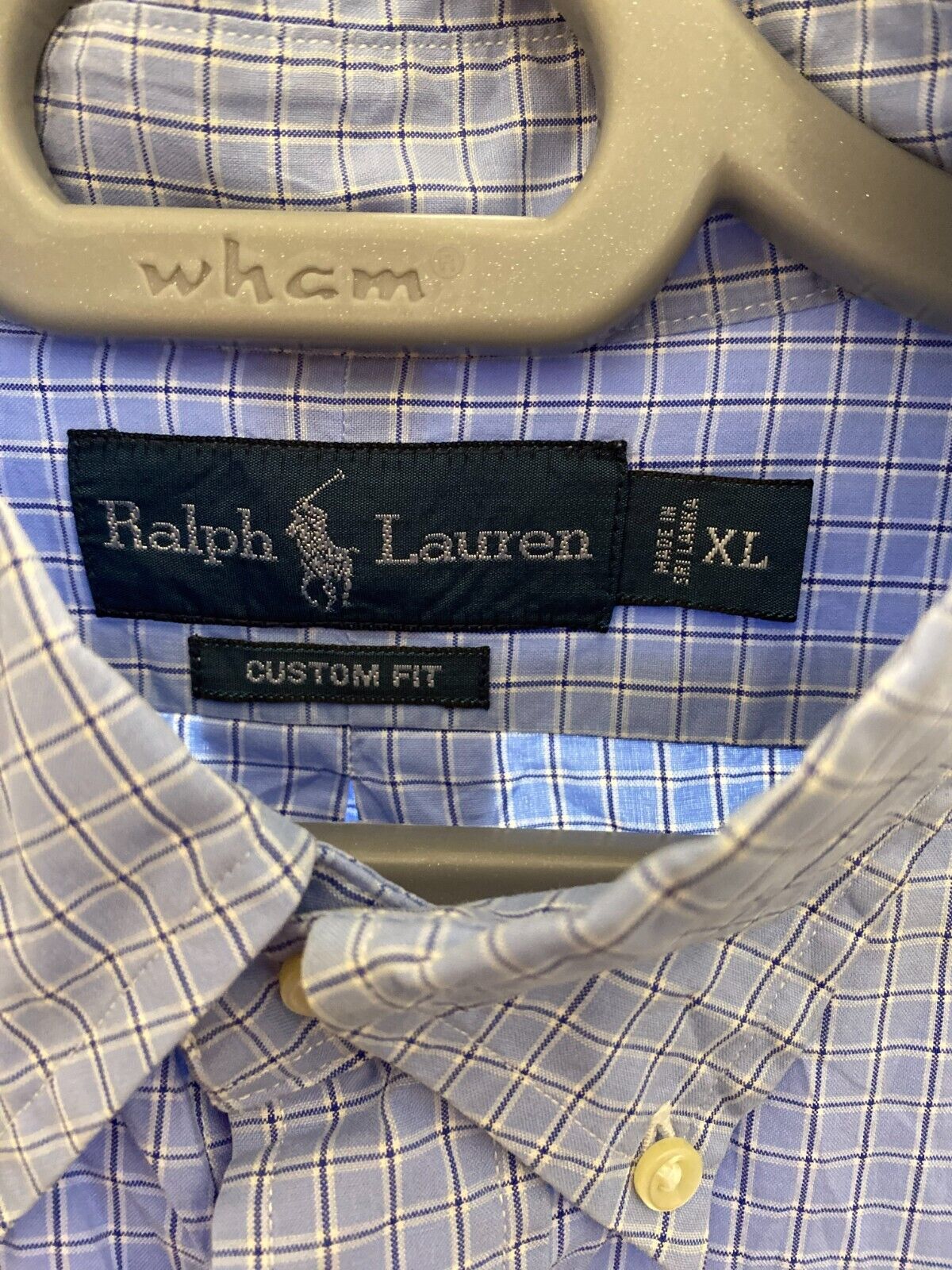 Ralph Lauren Shirt Mens XL Blue Checkered Custom Fit Small Blue Polo Pony Logo