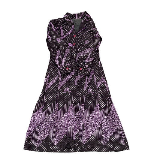 Womens Midi Dress S Black Polka Dot Floral Long Sleeve Collared Button Front