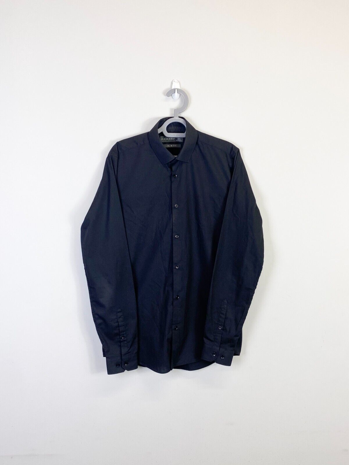 Primark Shirt Mens Medium Black Slim Fit Long Sleeve Collared Casual Button Down