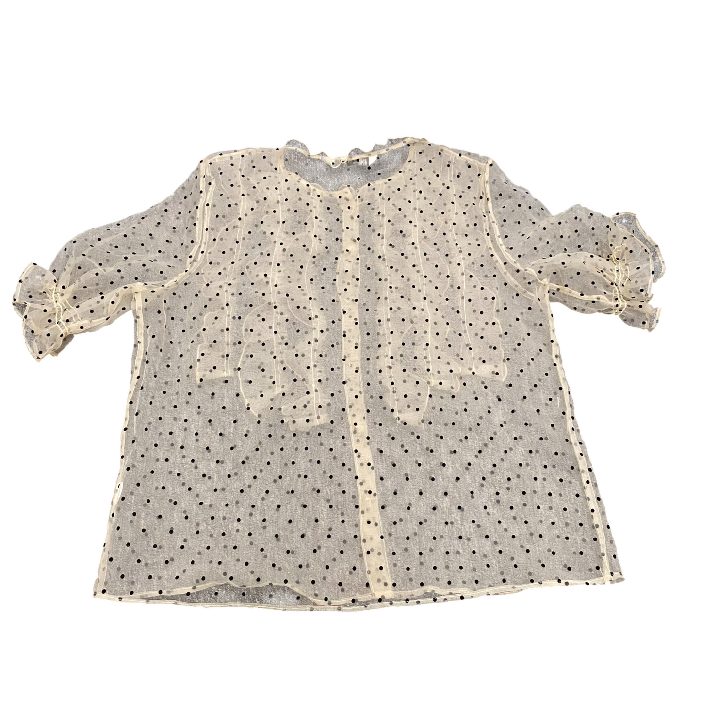 Zara Blouse Top Womens M White Polka Dot Sheer Mesh Ruffle Top Button Front