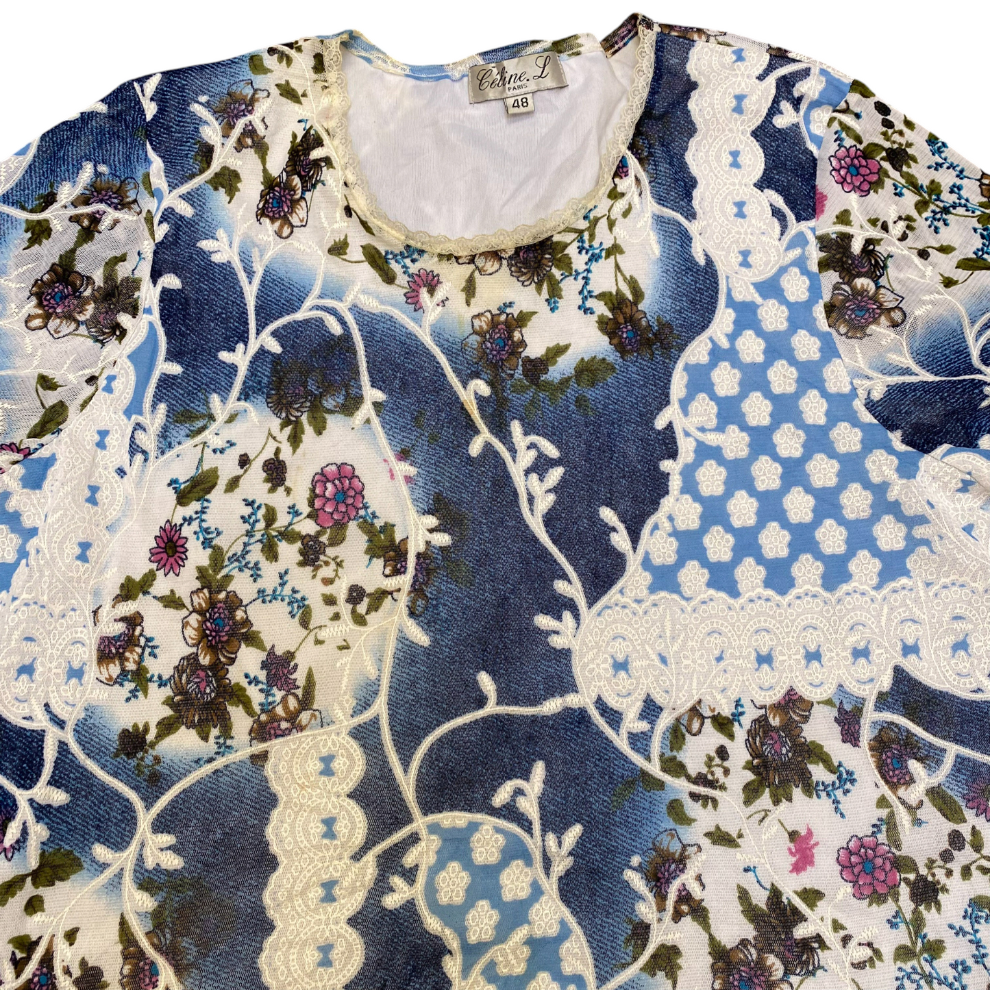Céline. L Top Womens M Multi Floral Mesh Short Sleeve Round Neck Casual Outdoor