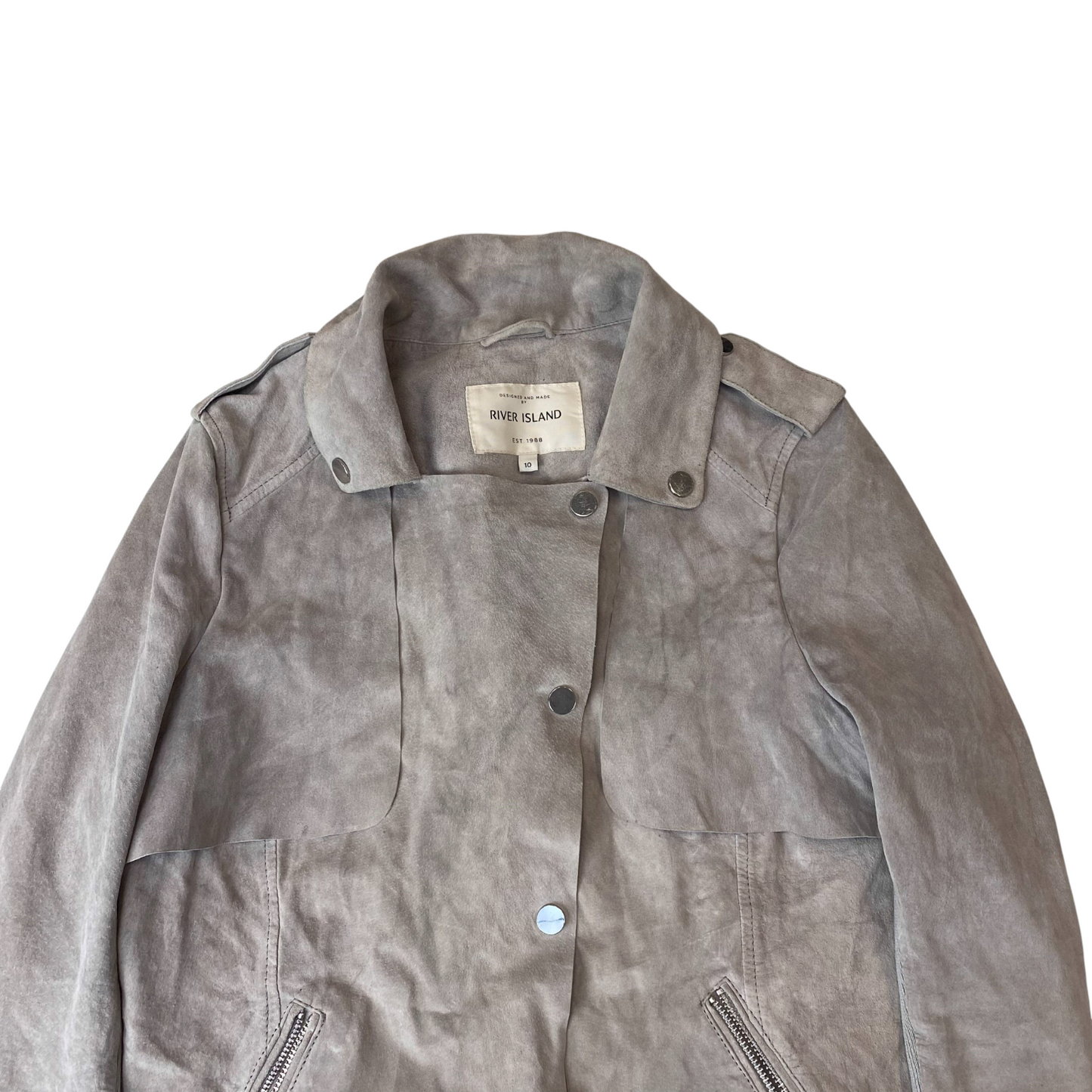 River Island Suede Jacket Womens Medium Grey Long Sleeve Zip Pocket Snap Front