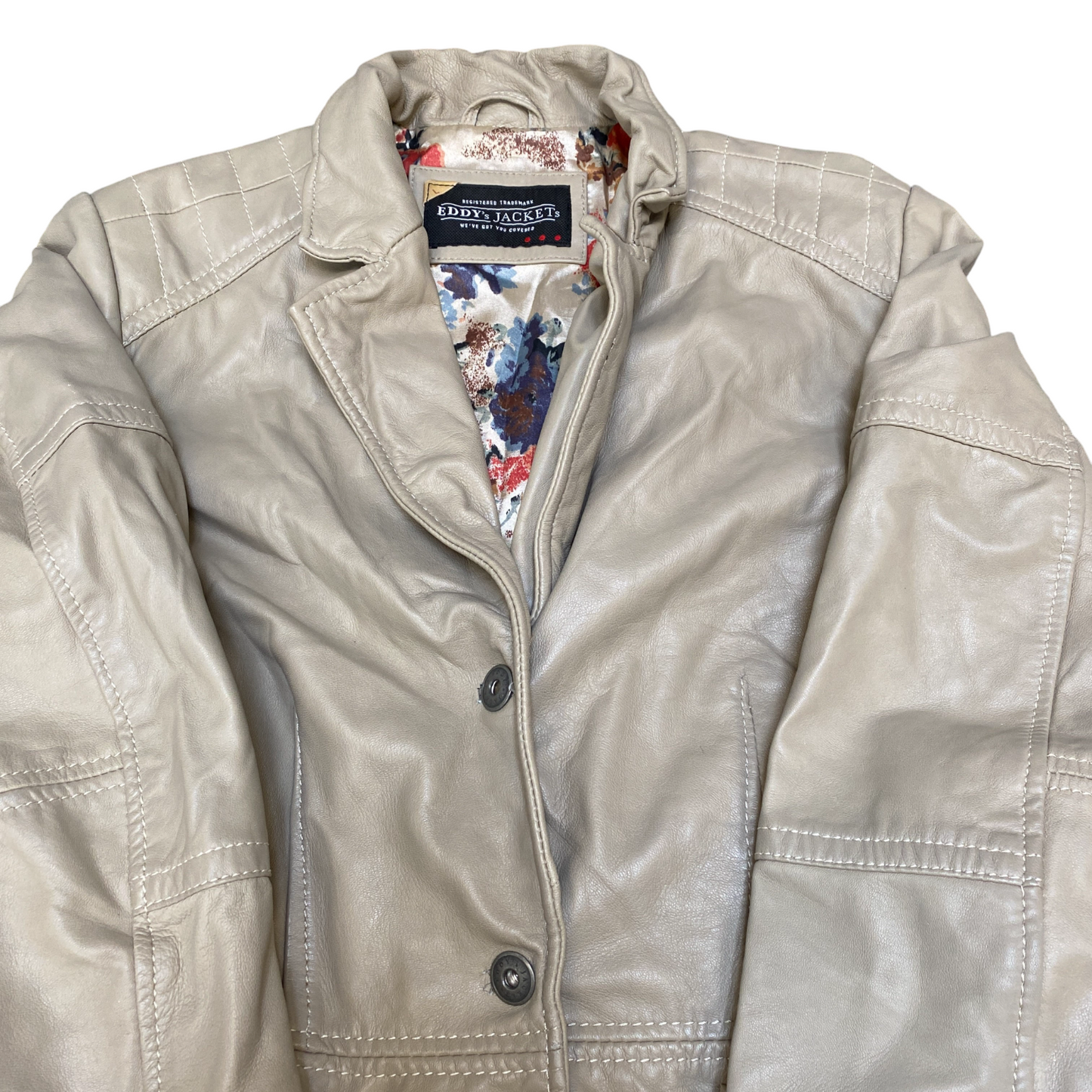 Eddy's Genuine Leather Blazer Jacket Womens M Beige Notch Lapel Single Breasted