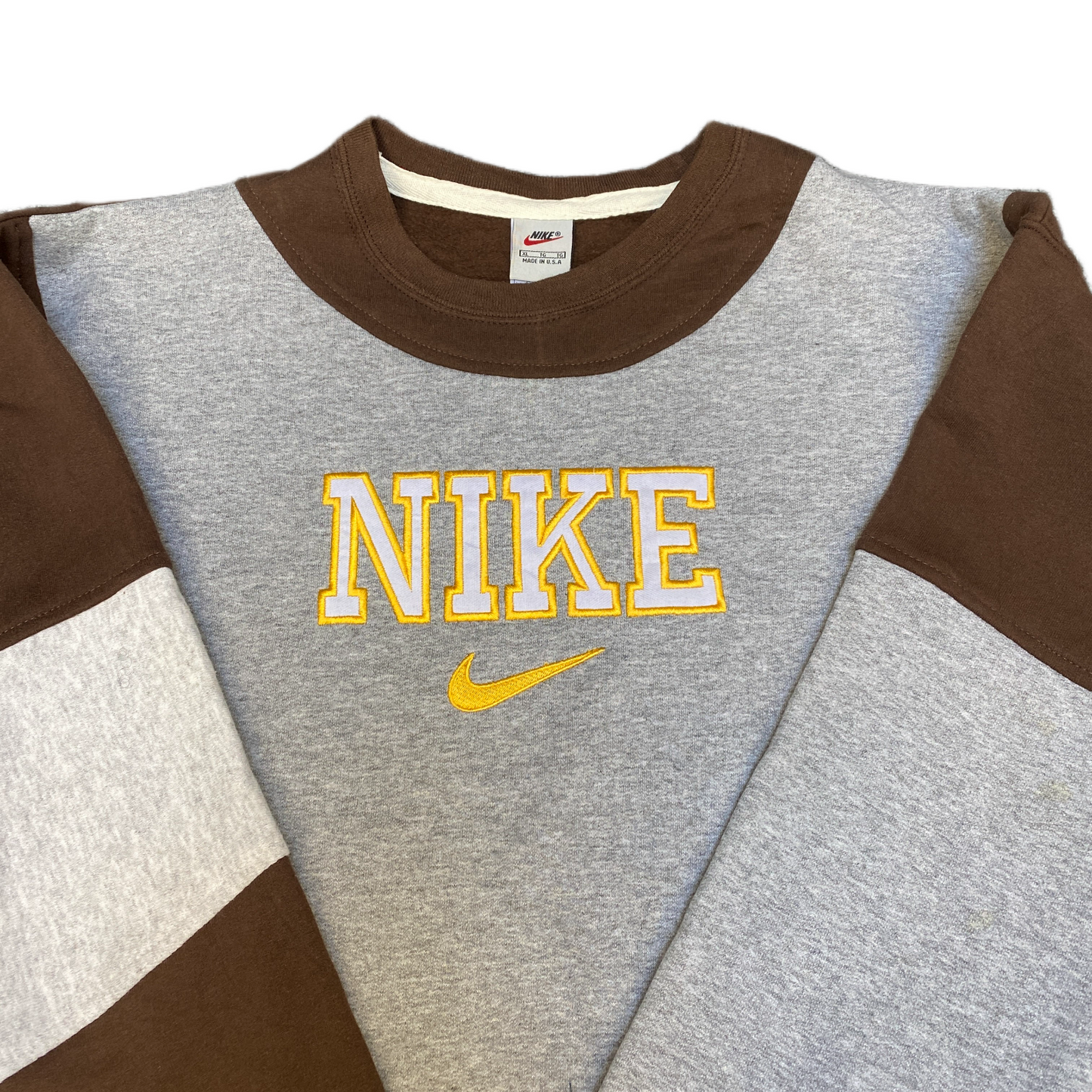 Nike Reworked Sweatshirt Mens XL Brown Grey Embroidered Spellout Logo Vtg Y2K