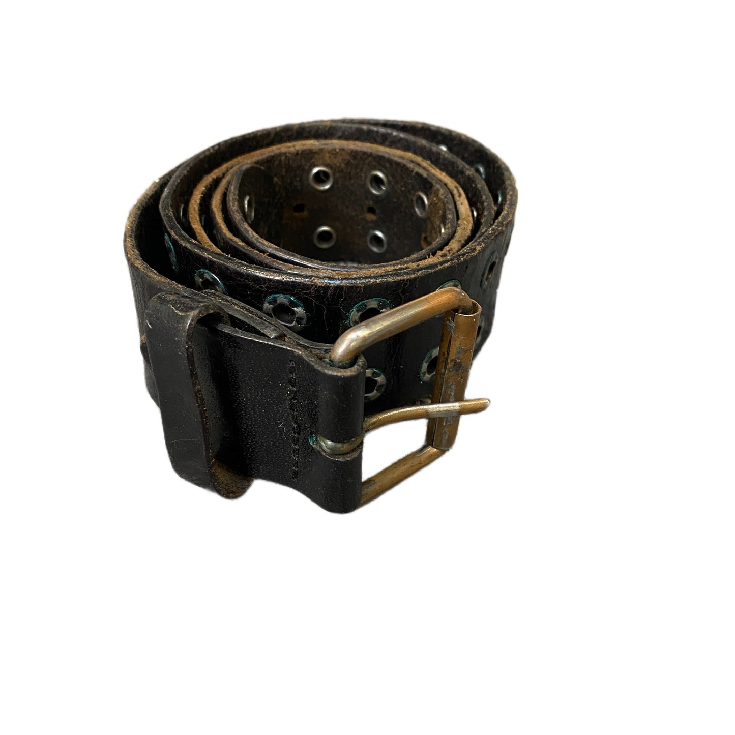 Waist Belt Men Black Leather Double Rows Eyelets Brass Buckle 42 Inches