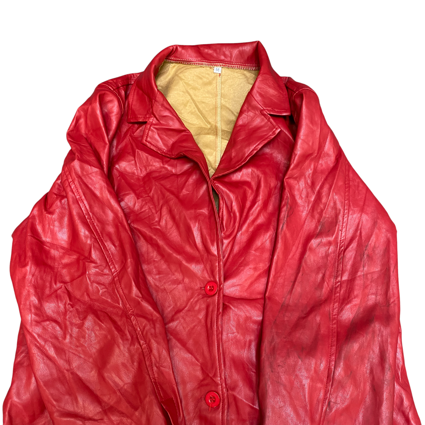 Womens Leather Blazer Coat Medium Red Long Sleeve Notch Lapel Single Breasted