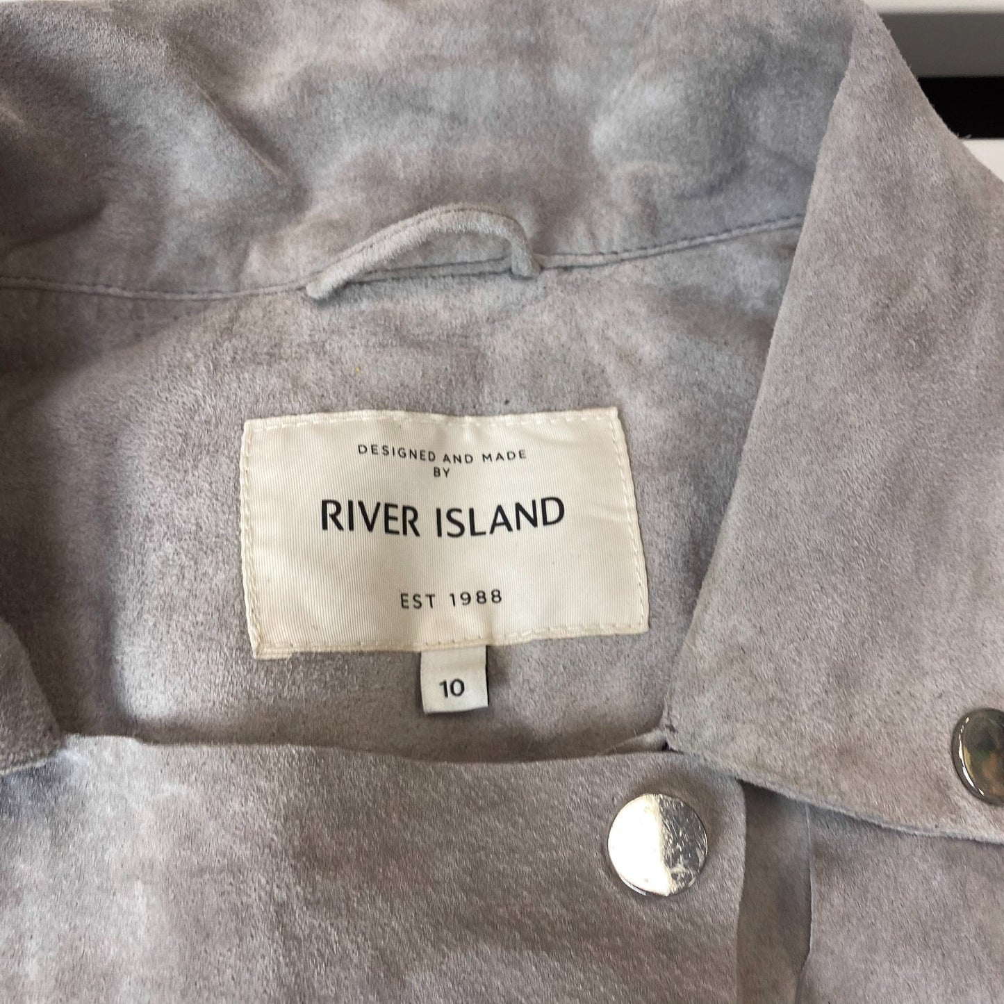 River Island Suede Jacket Womens Medium Grey Long Sleeve Zip Pocket Snap Front