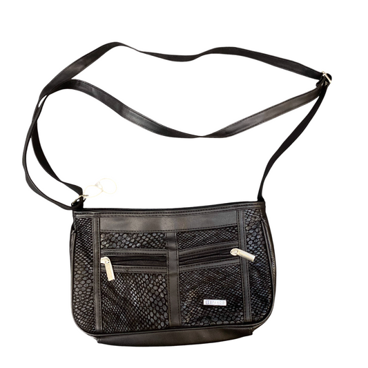 Stefano Shoulder Bag Womens Black Embossed Leather Zip Pockets Adjustable Strap