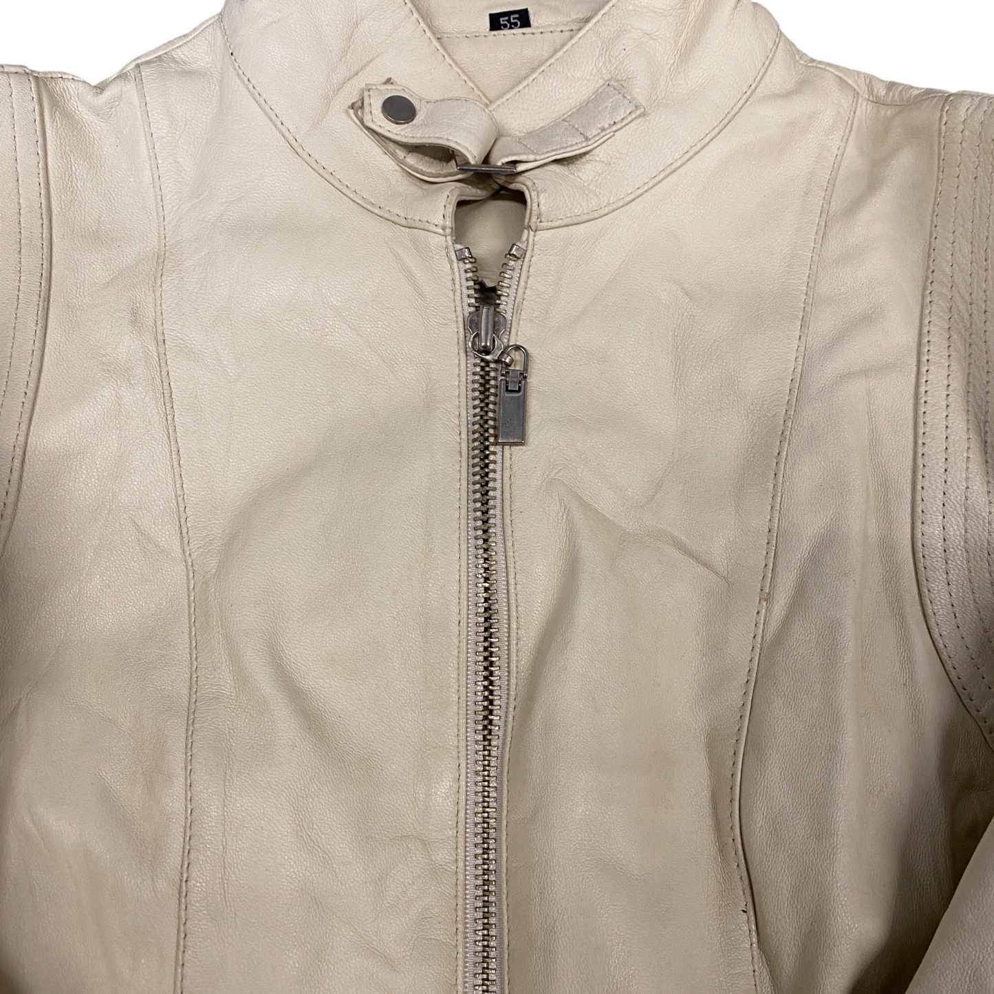 Womens Faux Leather Biker Jacket Small Beige Fully Lined Long Sleeve Full Zip
