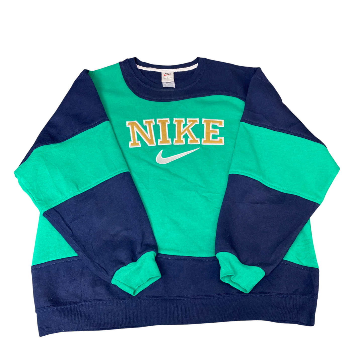 Nike Reworked Sweatshirt Men XL Green Navy Embroidered Spellout Logo Vintage Y2K