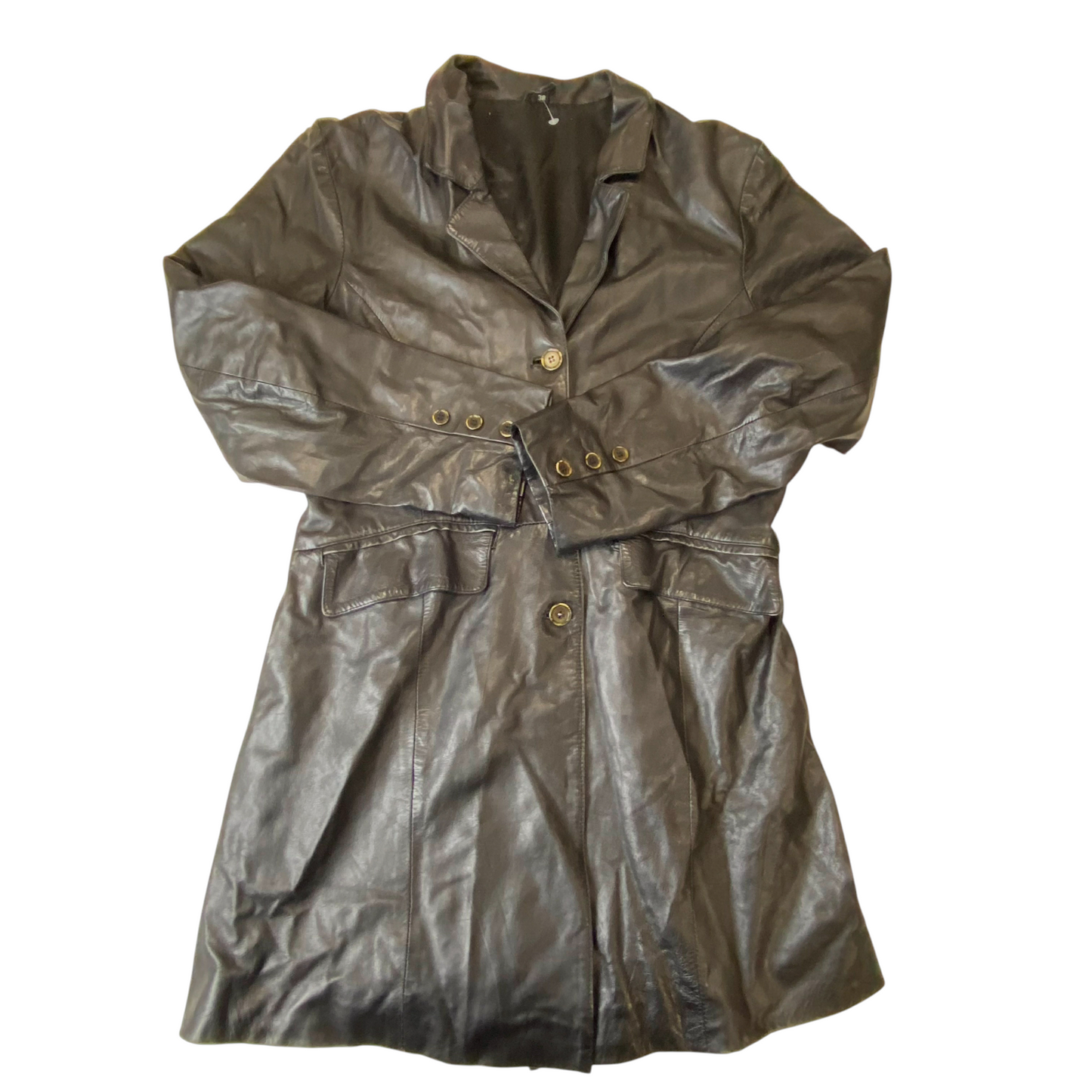 Womens Leather Trench Coat Medium Black Long Sleeve Notch Lapel Double Breasted