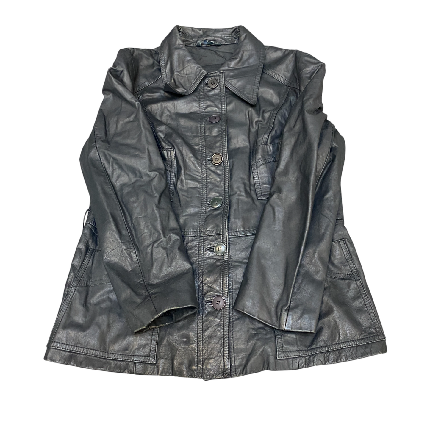 Womens Leather Jacket Medium Black Lined Utility Long Sleeve Collar Button Front