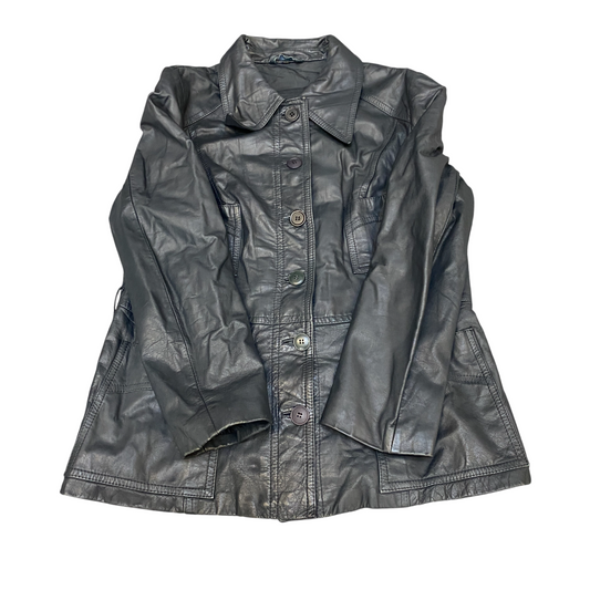 Womens Leather Jacket Medium Black Lined Utility Long Sleeve Collar Button Front