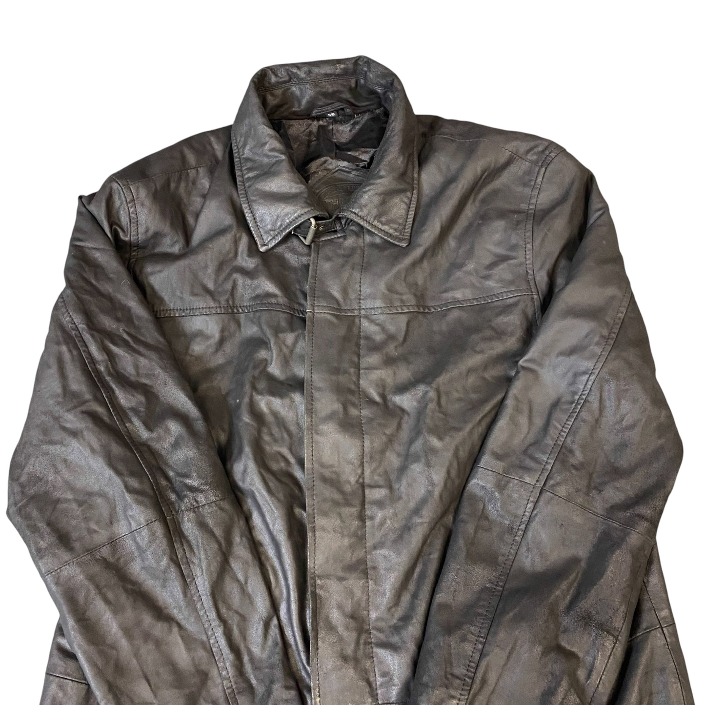 Mens Faux Leather Jacket Large Black Lined Mid Length Long Sleeve Collared