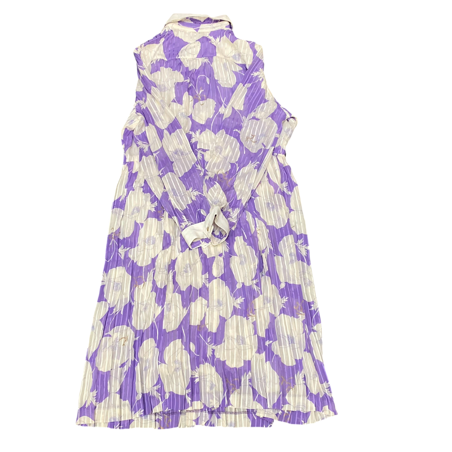 Women A Line Dress M White Purple Floral Print Long Sleeve Collared Button Front