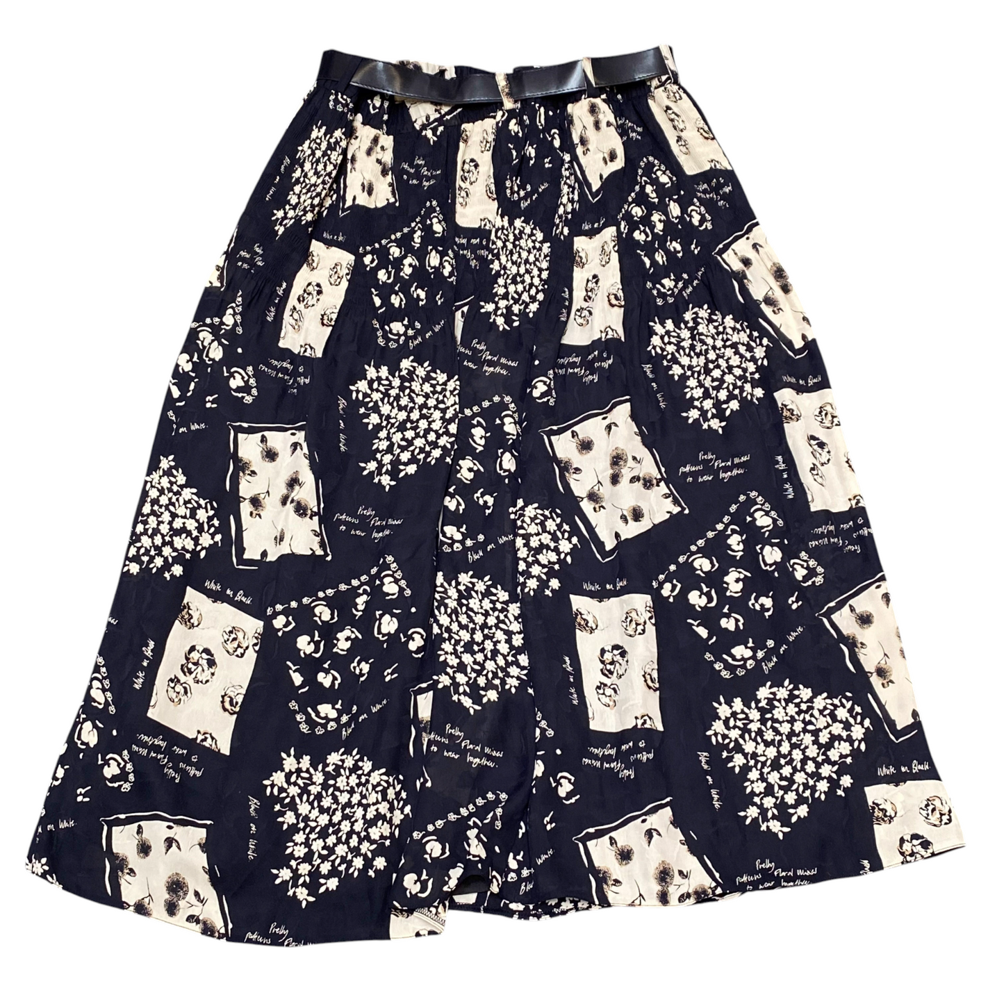 Womens A Line Skirt L Black Floral Print Lined Crinkle Knee Length Buckle Belted