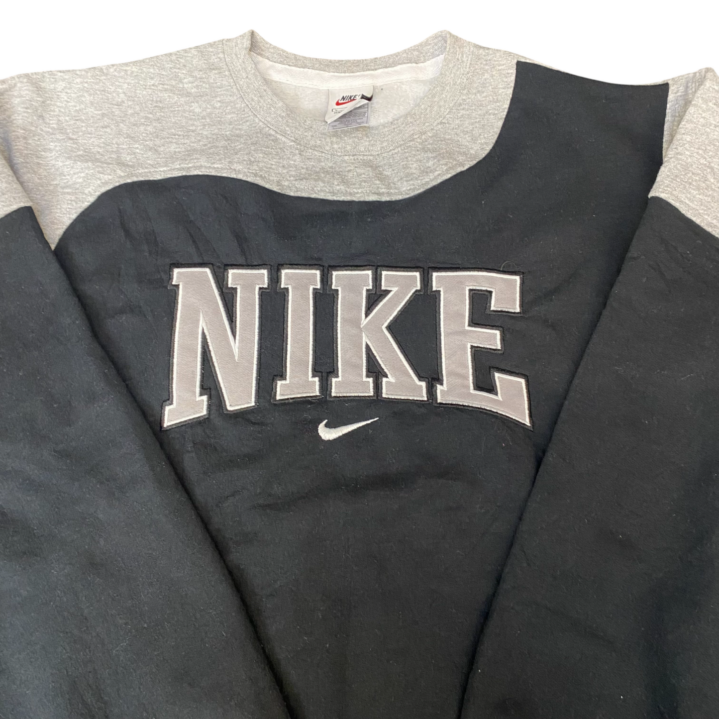 Nike Reworked Sweatshirt Mens Large Black Grey Embroidered Spellout Logo Vtg Y2K