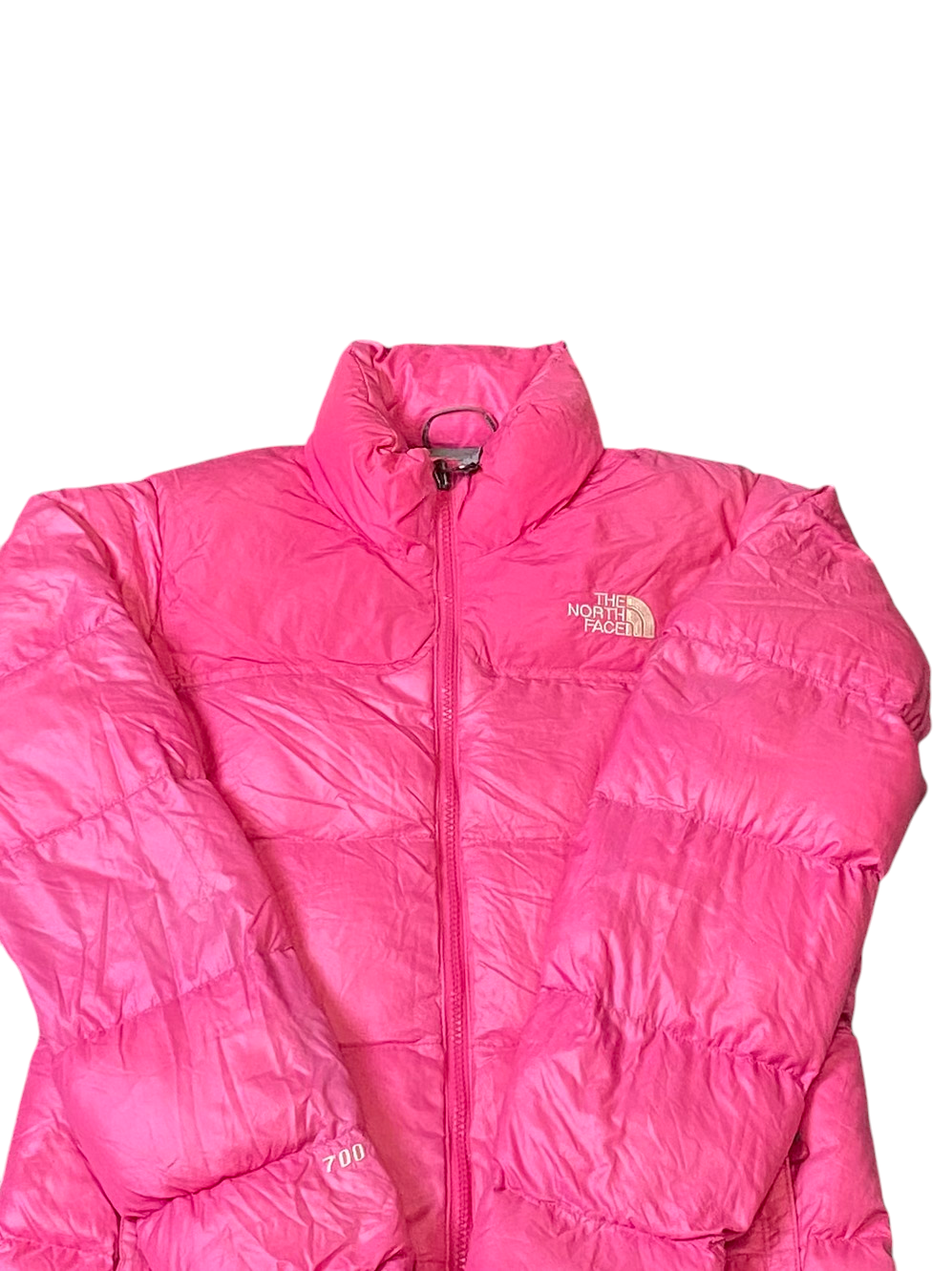 The North Face Nuptse 700 Down Puffer Jacket Women Medium Pink Softshell Zip Up