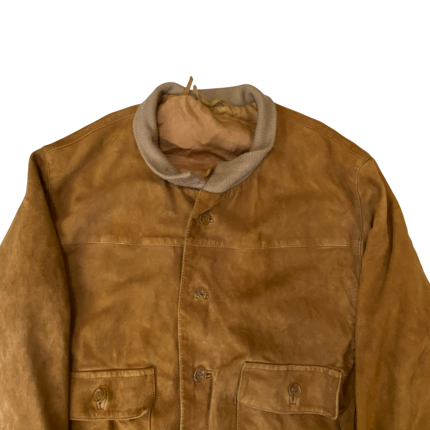 Bomber Jacket Mens Large Brown Suede Leather Pockets Long Sleeve Button Front