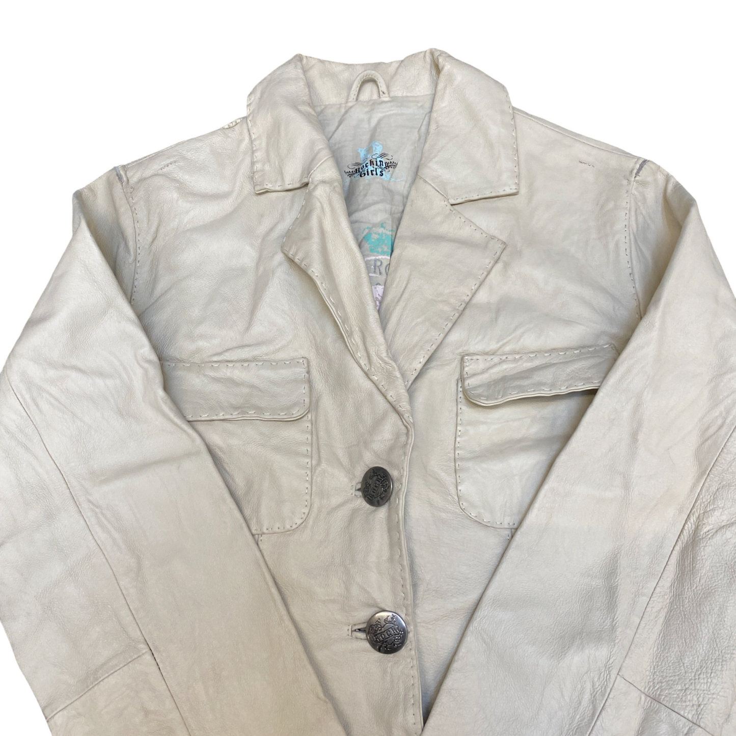 Rocking Genuine Leather Blazer Jacket Girls M Beige Notch Lapel Single Breasted