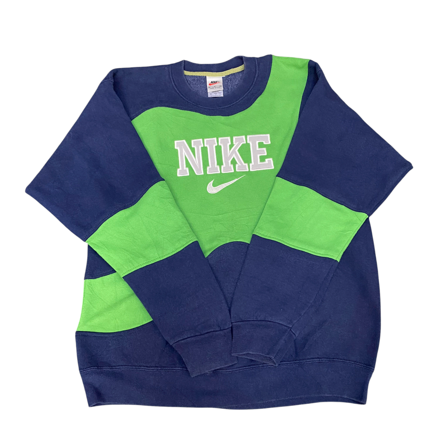 Nike Reworked Sweatshirt Mens M Navy Green Embroidered Spellout Logo Vintage Y2K