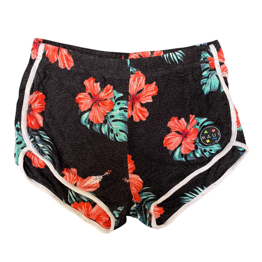 Running Sprinter Shorts Womens Medium Black Floral Elastic Waist Dolphin Hem