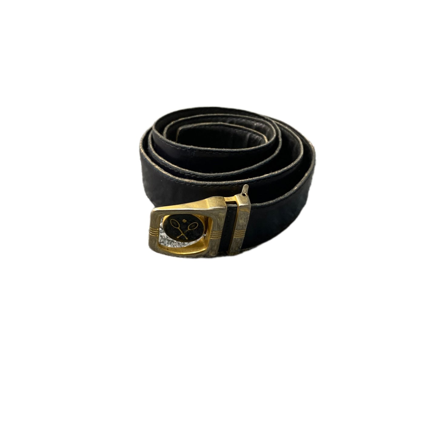 Waist Belt Mens Black Leather Crossed Tennis Rackets Gold Tone Buckle 41 Inches