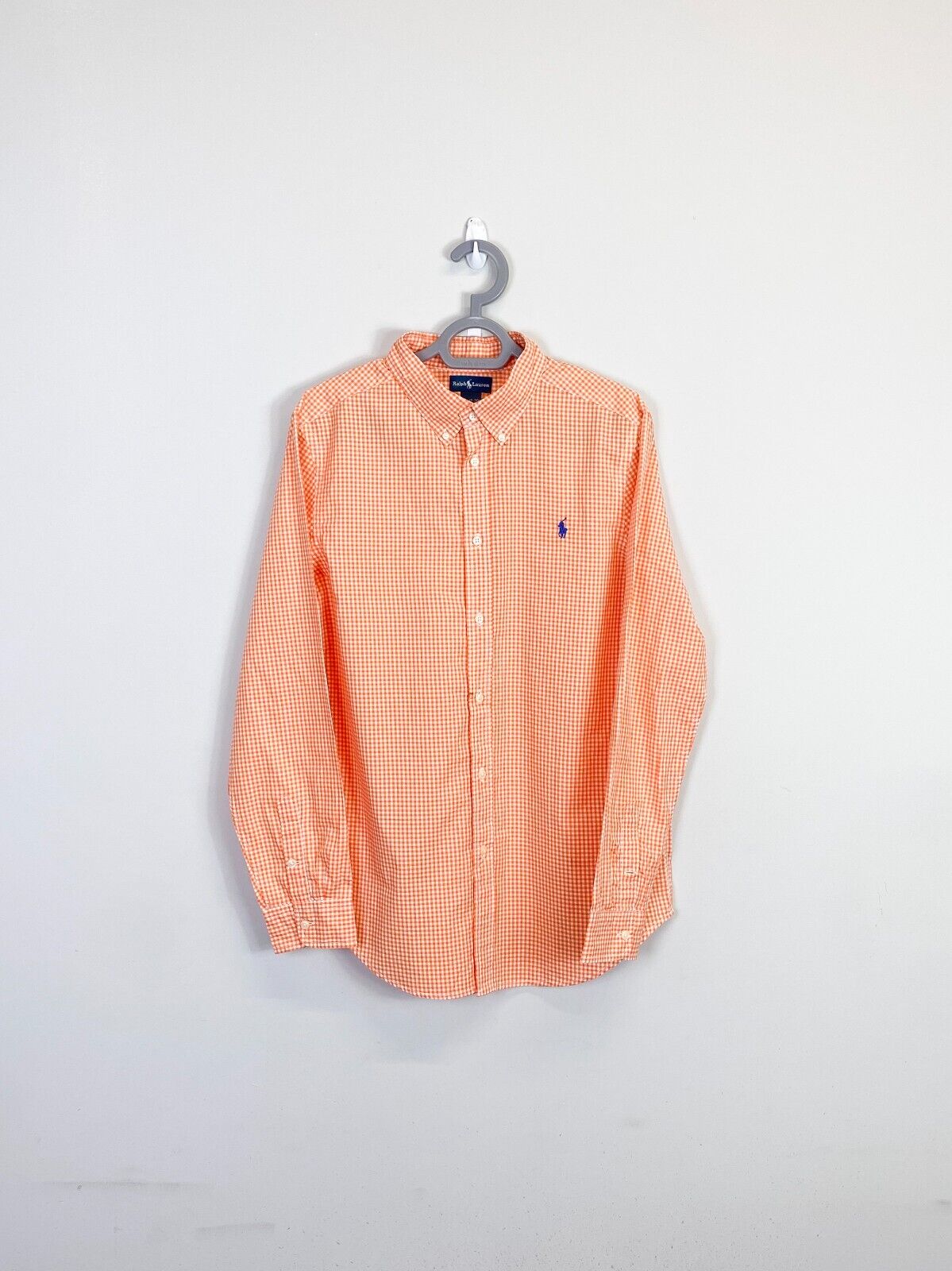 Ralph Lauren Shirt Womens XL Orange Checkered Cotton Small Blue Polo Pony Logo